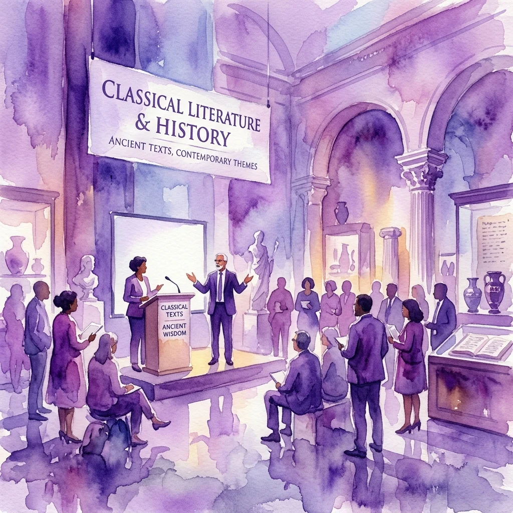 Una conferencia académica sobre literatura e historia clásicas celebrada en un museo, con académicos presentando textos antiguos y temas contemporáneos.