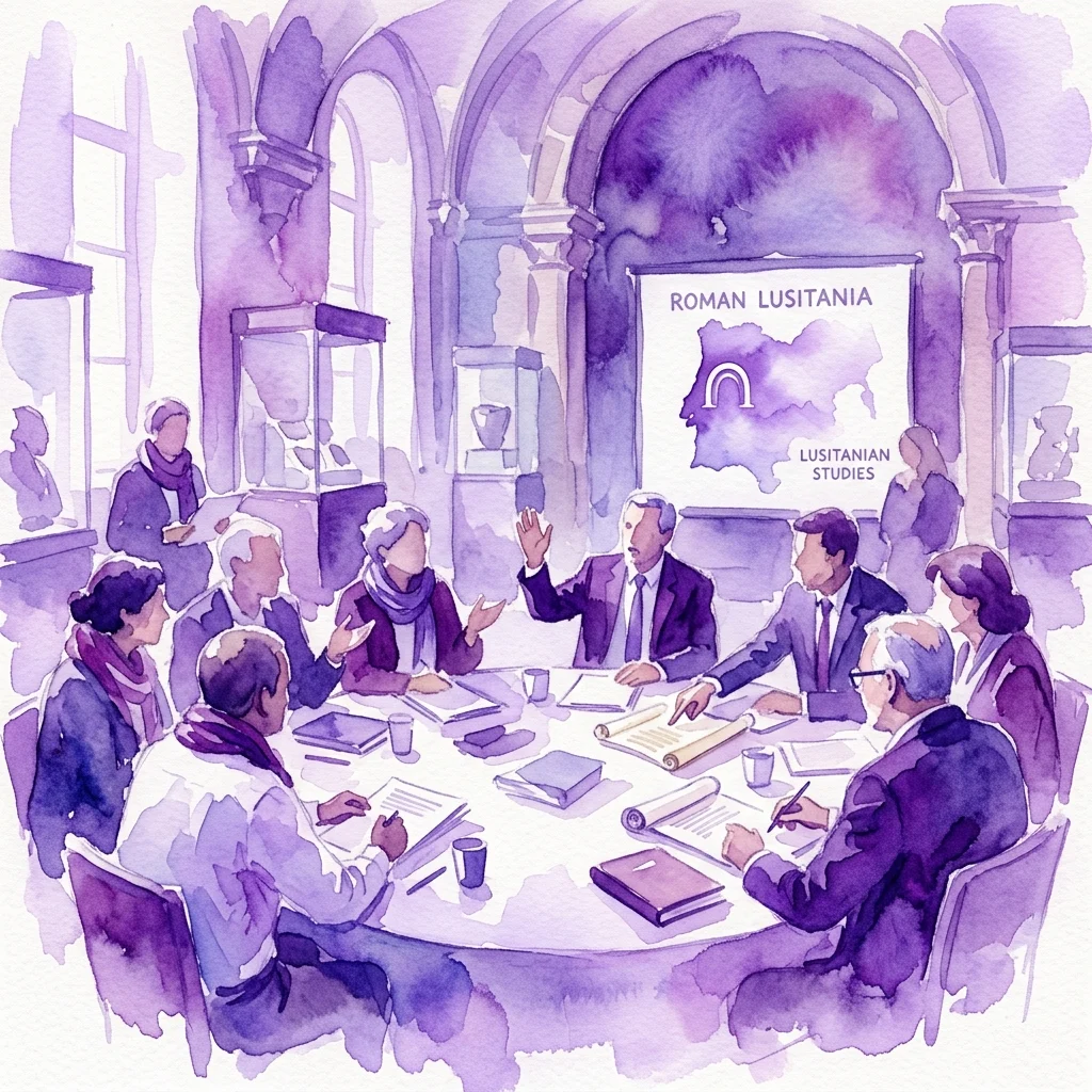 Ilustracja akwarelowa uczonych przy okrągłym stole dyskutujących o rzymskiej Luzytanii, z ekranem prezentacyjnym wyświetlającym mapę i tekst „Rzymska Luzytania” oraz „Studia nad Luzytanią” w scenerii muzealnej.