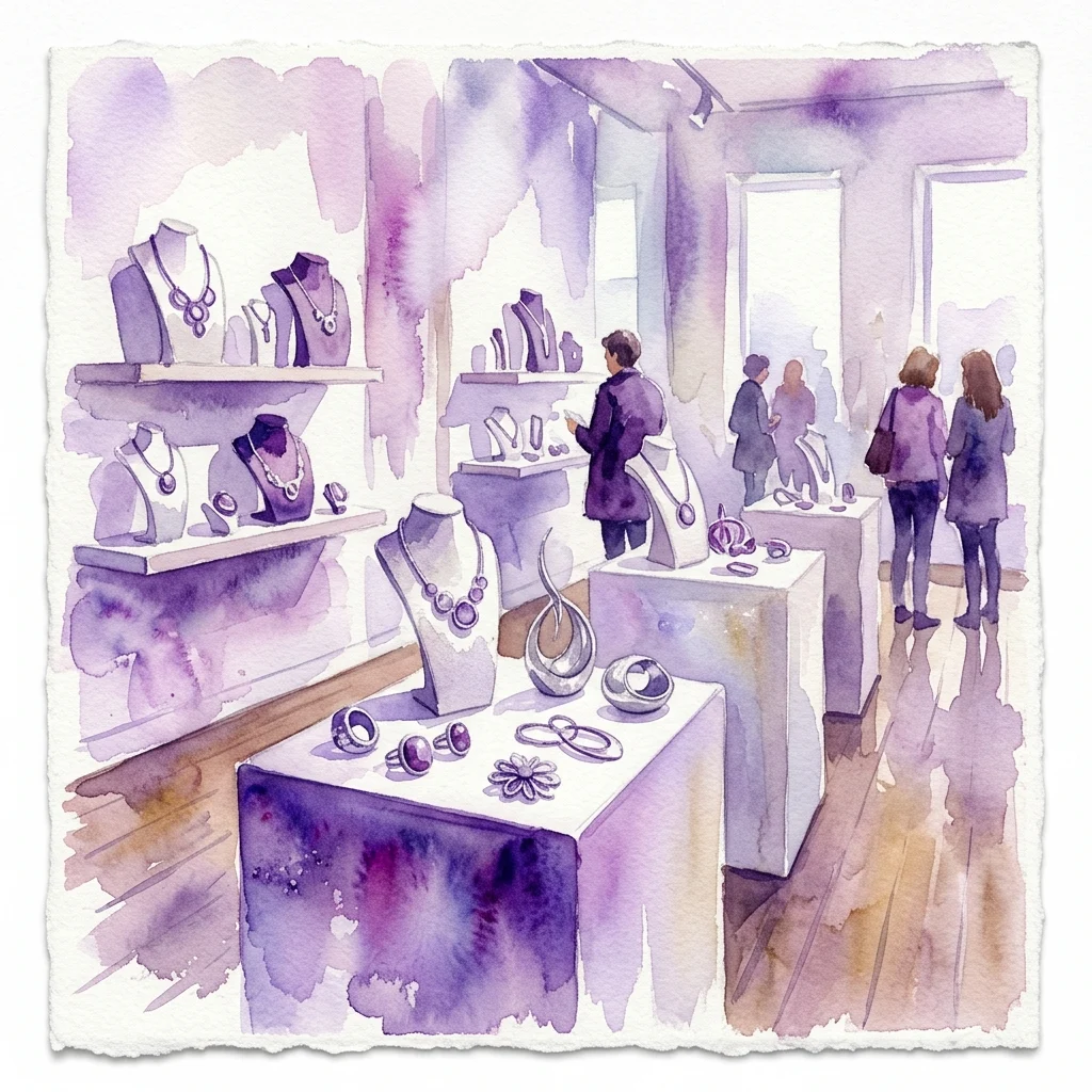 Ilustración en acuarela de la exposición IX Muestra de Orfebrería Contemporánea, que presenta joyería y orfebrería contemporánea expuesta en pedestales y maniquíes en un entorno de galería con visitantes observando.