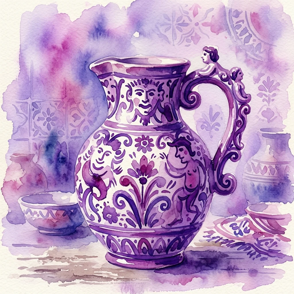 Fioletowo-biała ilustracja akwarelowa ceramicznego dzbanka z groteskowymi postaciami i ozdobnymi uchwytami, inspirowana tradycjami hiszpańskiej sztuki ludowej.