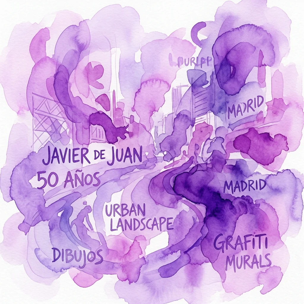 Obra de arte en acuarela púrpura con el texto 'Javier de Juan 50 Años', 'Urban Landscape', 'Madrid', 'Graffiti Murals' y 'Dibujos', con elementos abstractos del paisaje urbano.