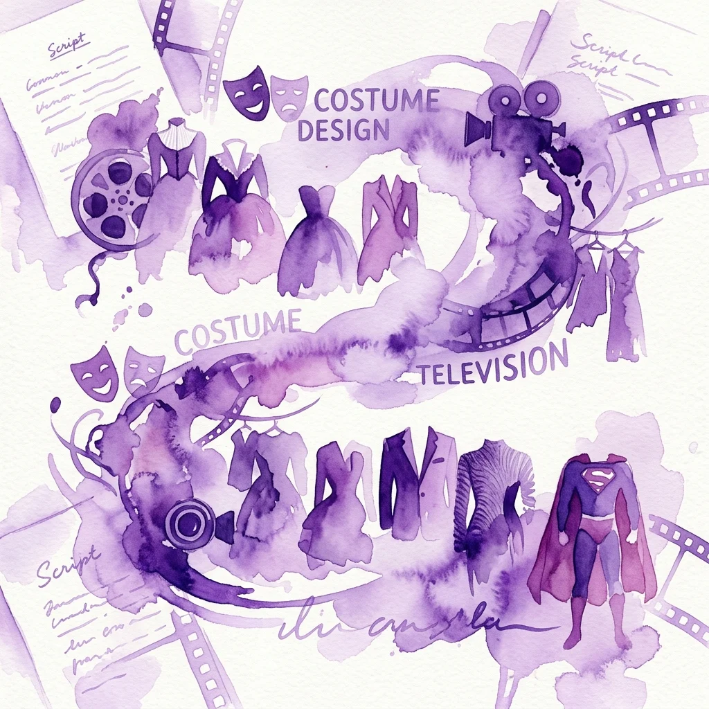 Fioletowa akwarelowa ilustracja przedstawiająca projektowanie kostiumów w telewizji, z rolkami filmowymi, scenariuszami, maskami teatralnymi i różnymi kostiumami, w tym strojem superbohatera.