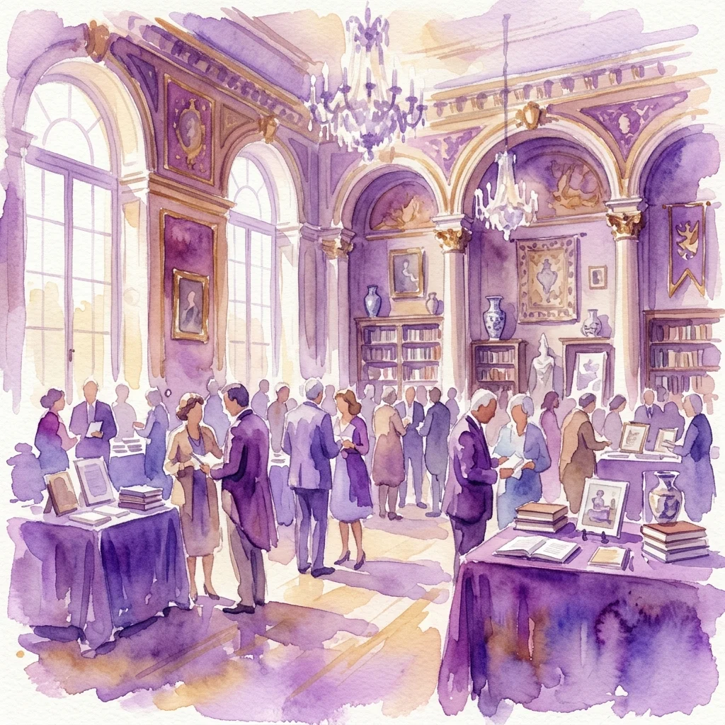 Watercolor illustration of a scholarly gathering in a grand ballroom with purple accents, featuring attendees viewing historical artifacts and books, commemorating Vicente Blasco Ibáñez's literary legacy.