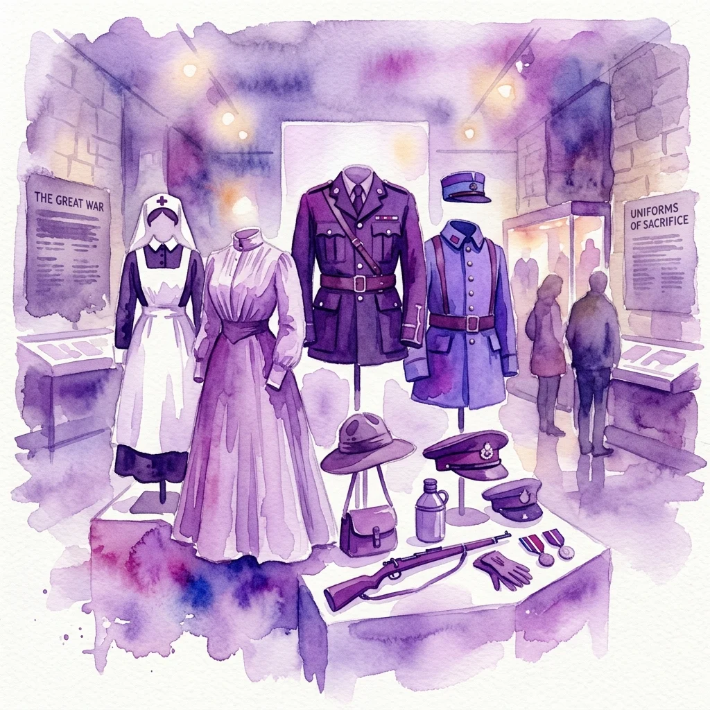 Ilustración en acuarela de una exposición de museo que presenta uniformes de la Primera Guerra Mundial, que incluyen atuendos militares, vestido de enfermera y accesorios, expuestos con carteles informativos sobre la Gran Guerra y los uniformes del sacrificio.