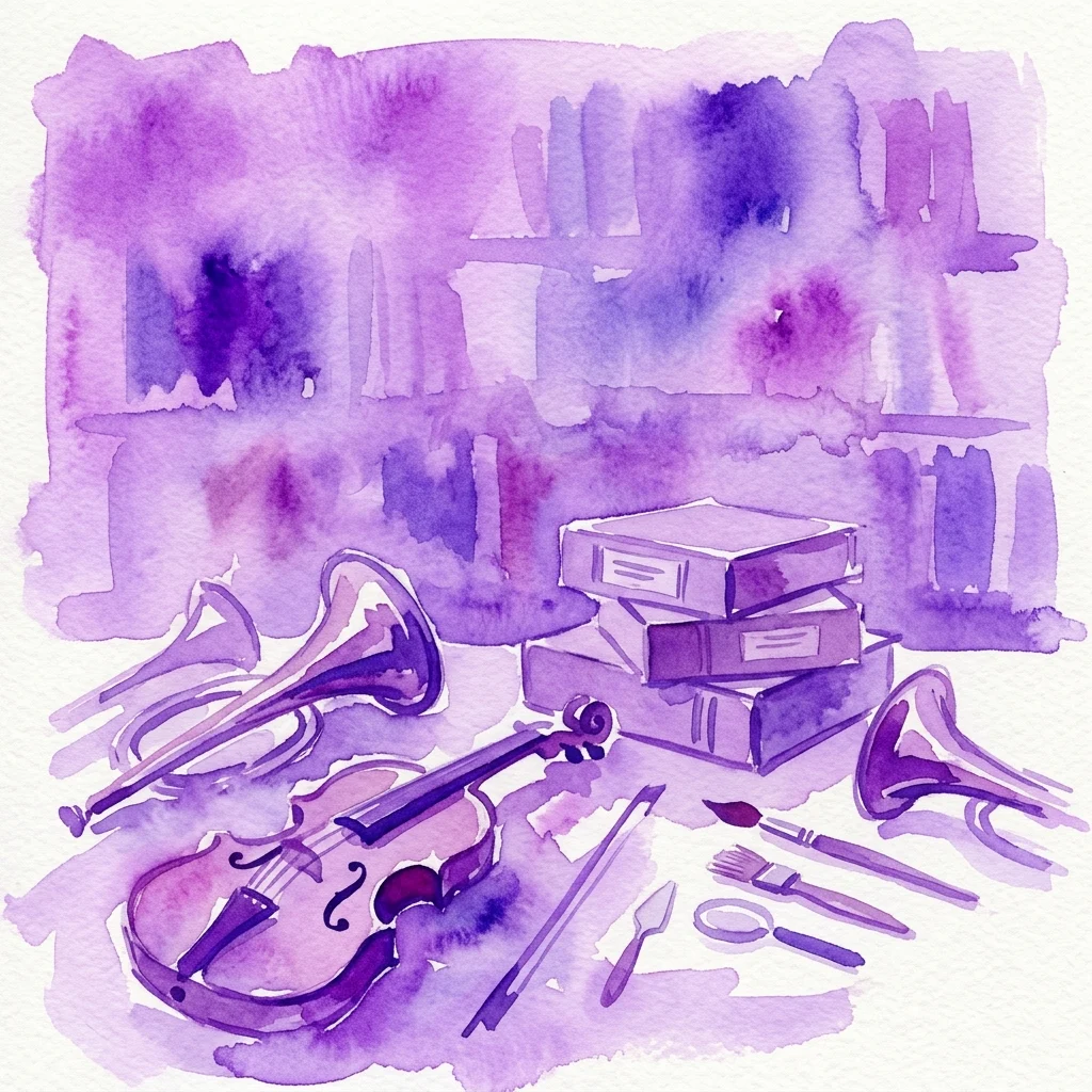 Ilustracja akwarelowa instrumentów muzycznych, w tym skrzypiec i rogów, pudeł archiwalnych oraz narzędzi konserwatorskich, w muzealnym lub bibliotecznym otoczeniu o purpurowej tonacji, reprezentująca wydarzenie Jornadas Instrumenta (I) dotyczące konserwacji instrumentów muzycznych.