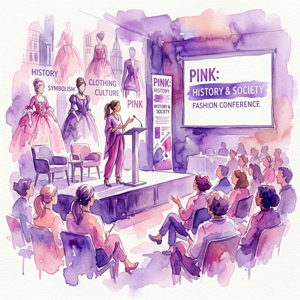 Ilustracja akwarelowa konferencji modowej w kolorze różowym, z prelegentem przy podium, publicznością i historycznymi ilustracjami mody w tle. Na ekranie widnieje napis 'PINK: HISTORY & SOCIETY FASHION CONFERENCE', a także wyświetlane są motywy takie jak 'HISTORY', 'SYMBOLISM' i 'CLOTHING CULTURE'.