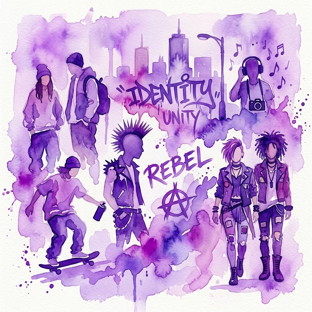 Fioletowa ilustracja akwarelowa przedstawiająca różne subkultury młodzieżowe, w tym skaterów, postacie punkowe i miejskie style mody, z elementami tekstowymi takimi jak „IDENTITY”, „UNITY” i „REBEL” na tle panoramy miasta.