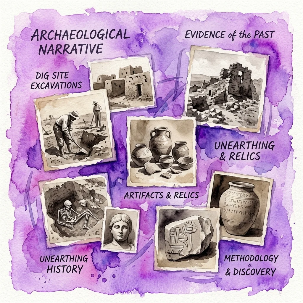 Fioletowa akwarelowa ilustracja przedstawiająca zabytkowe czarno-białe fotografie wykopalisk archeologicznych, artefaktów i reliktów, ułożone tak, aby przedstawić narrację archeologiczną z etykietami tekstowymi, takimi jak 'Wykopaliska w miejscu' i 'Odkrywanie i Relikty'.