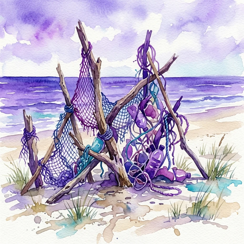 Una acuarela de una escultura hecha de madera a la deriva, redes de pesca y botellas de plástico en una playa con el océano de fondo.