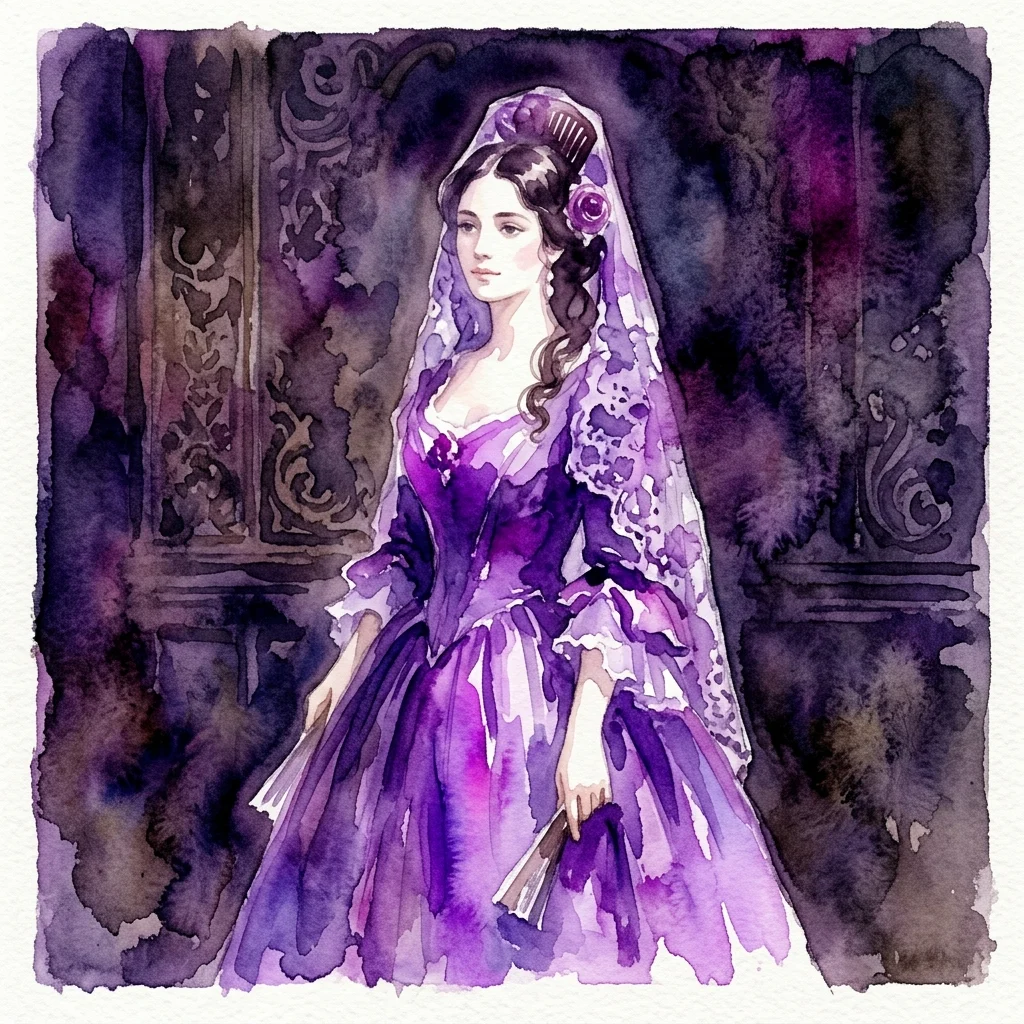 Portret w akwareli aktorki Maríi Guerrero jako 'Doña Inés', namalowany przez Raimundo de Madrazo, przedstawiający ją w fioletowej sukni historycznej z welonem i wachlarzem na ciemnym, zdobionym tle.
