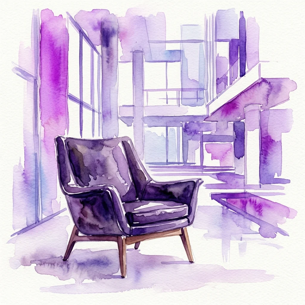 Ilustración en acuarela de la Silla Lounge Eames en cuero oscuro, sobre un telón de fondo de arquitectura modernista con matices púrpuras y azules, evocando historia del diseño y sofisticación.