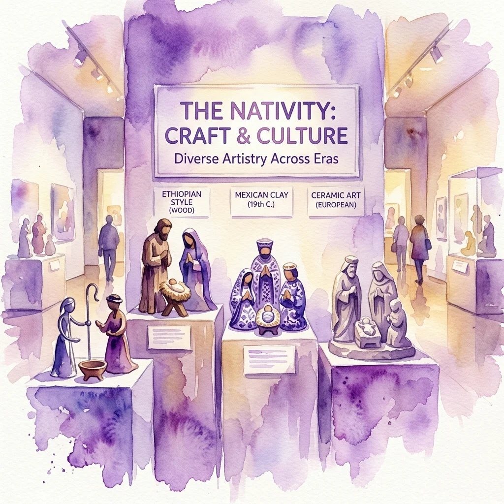Ilustracja akwarelowa wystawy muzealnej pod tytułem 'The Nativity: Craft & Culture', prezentująca różnorodne figury szopek bożonarodzeniowych z tradycji etiopskiej, meksykańskiej i europejskiej na postumentach ekspozycyjnych.