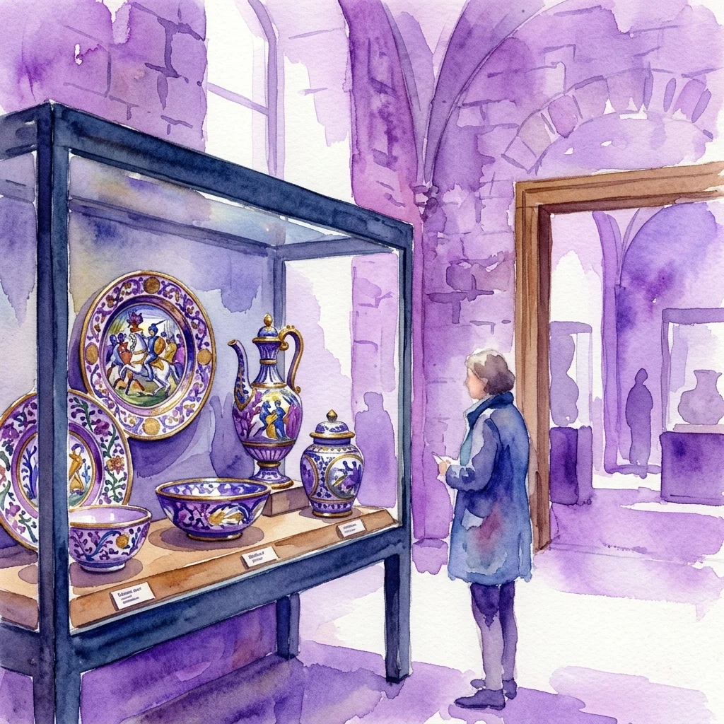 Ilustracja akwarelowa galerii muzealnej z gablotą prezentującą włoską ceramikę majolikową z okresu renesansu, w tym talerze, dzbanek i misy z żywymi historycznymi scenami i metalicznymi glazurami, oglądane przez zwiedzającego.