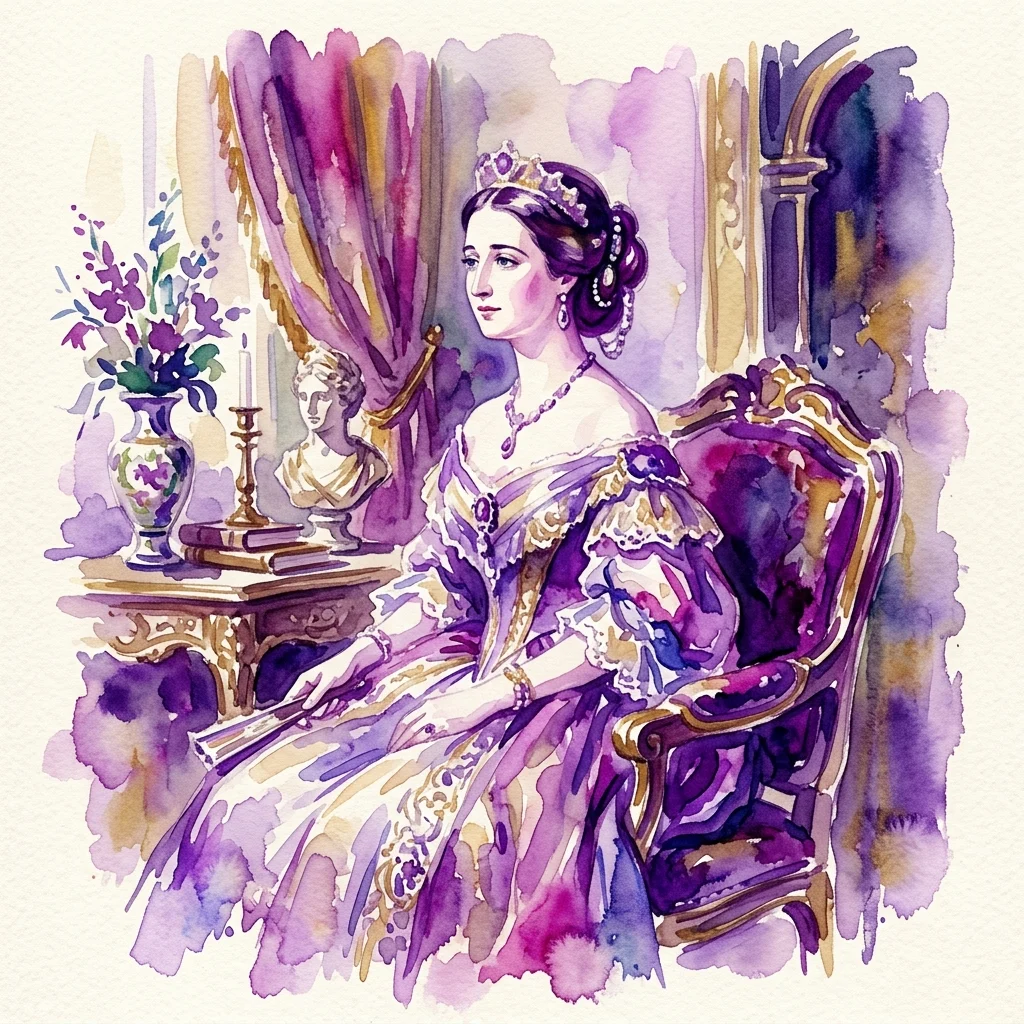 Retrato en acuarela de la emperatriz Eugenia de Montijo con un regio vestido morado, sentada en una silla ornamentada con un busto clásico y un arreglo floral, evocando la aristocracia europea del siglo XIX.