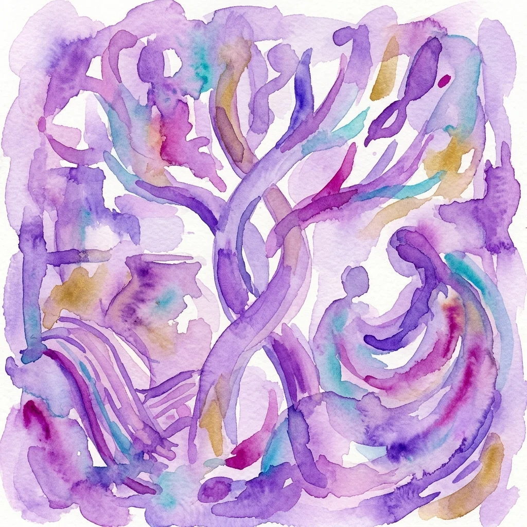 Abstract watercolor artwork in purple, blue, and gold tones depicting intertwined human figures, symbolizing diverse gender identities and historical acceptance across cultures.