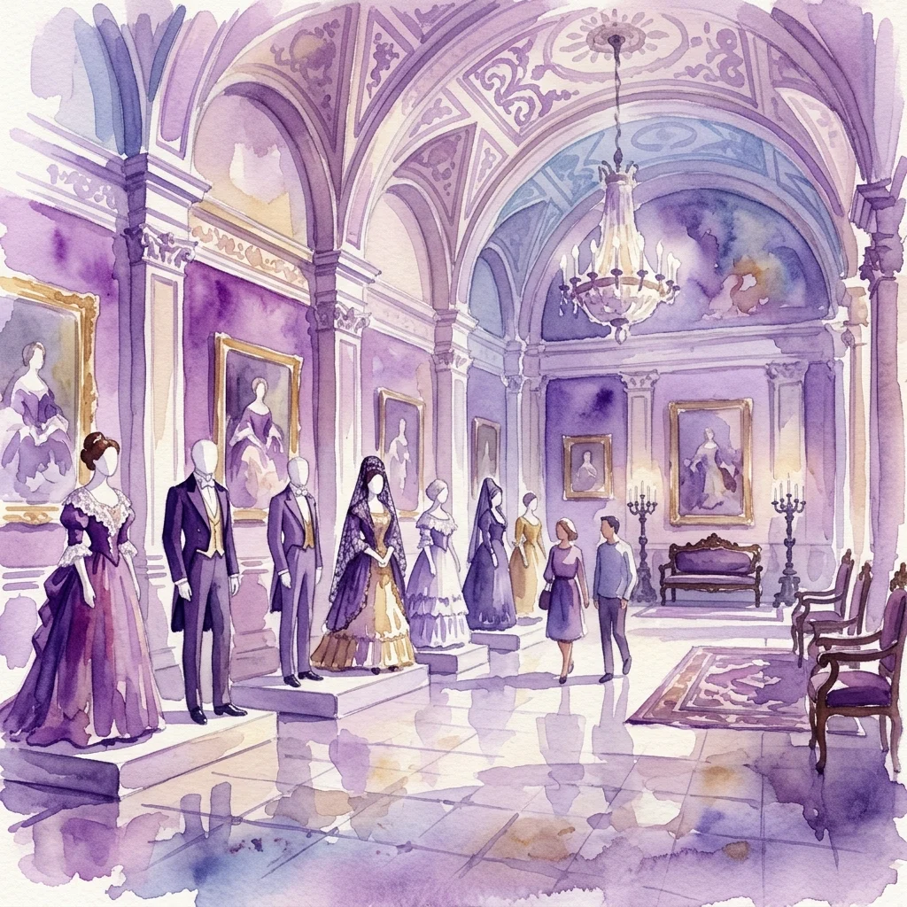 Ilustracja akwarelowa wystawy 'La moda en la Casa de Alba', przedstawiająca manekiny w historycznych strojach hiszpańskiej szlachty, wyeksponowane w wielkiej sali pałacowej z ozdobnymi sufitami, żyrandolami i klasycznymi obrazami.