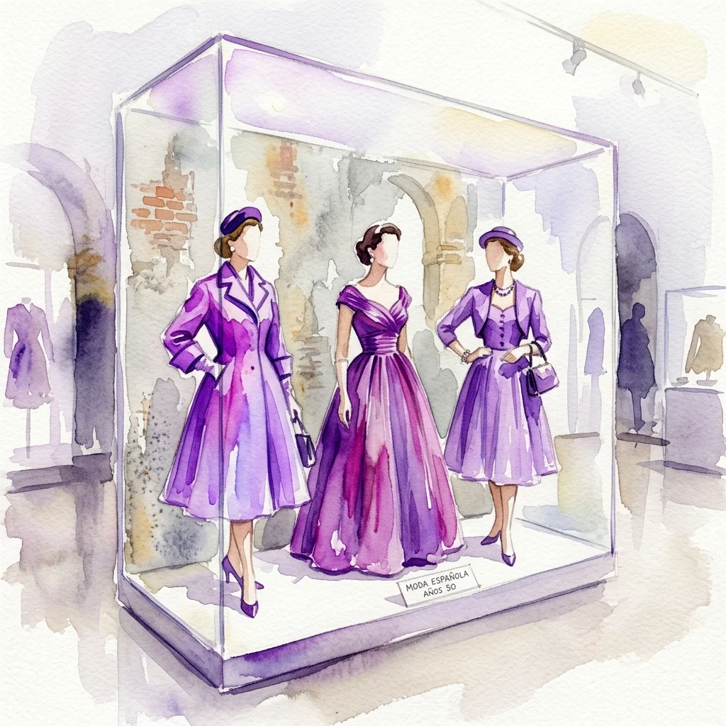 A watercolor illustration of a museum display case featuring three mannequins in 1950s Spanish fashion, showcasing purple dresses and coats from the post-war era.