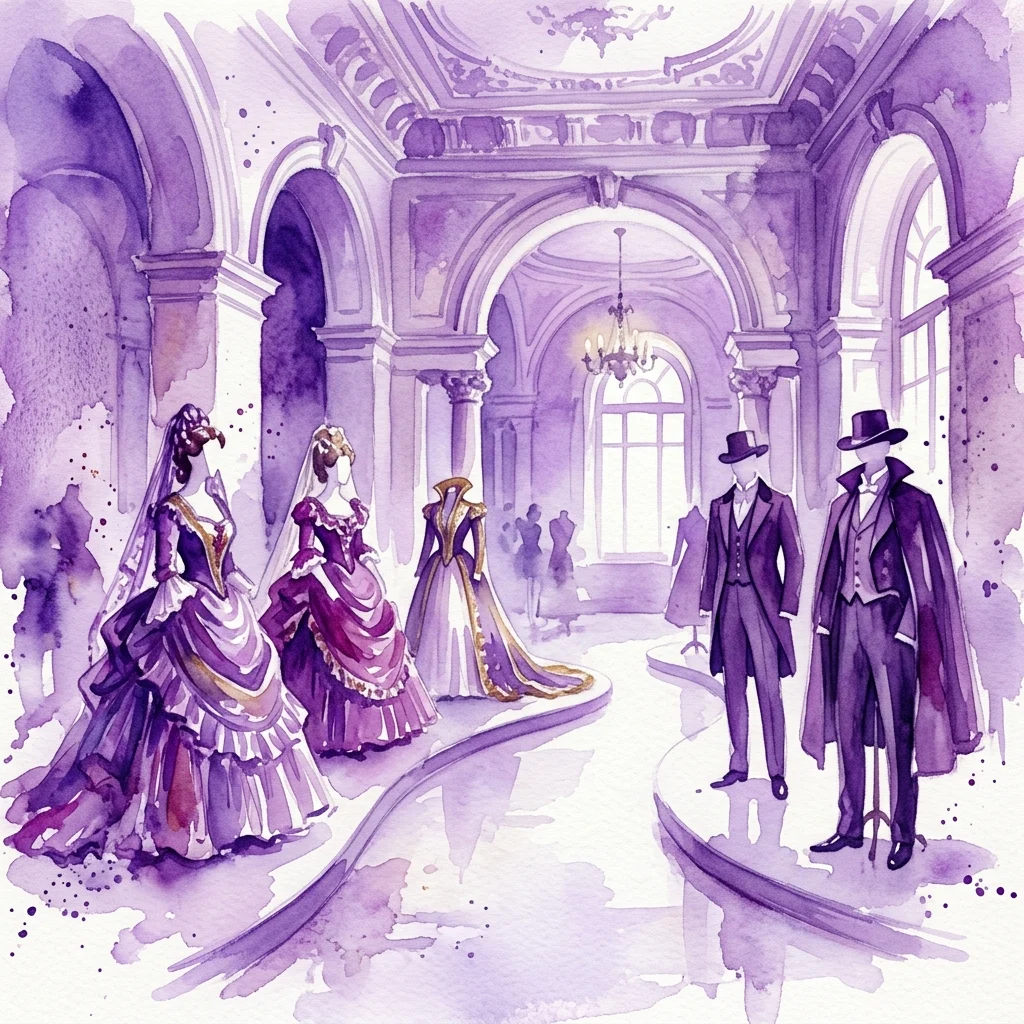 Ilustración en acuarela de una exposición de moda del siglo XIX con elegantes vestidos de mujer y frac de hombre expuestos en un gran salón de museo con techos abovedados y detalles ornamentados.
