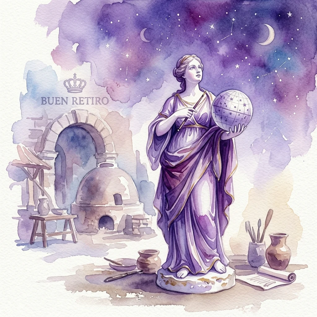 A watercolor illustration of Urania, the muse of astronomy, holding a celestial globe, with the Buen Retiro Royal Porcelain Factory kiln in the background, under a starry sky.
