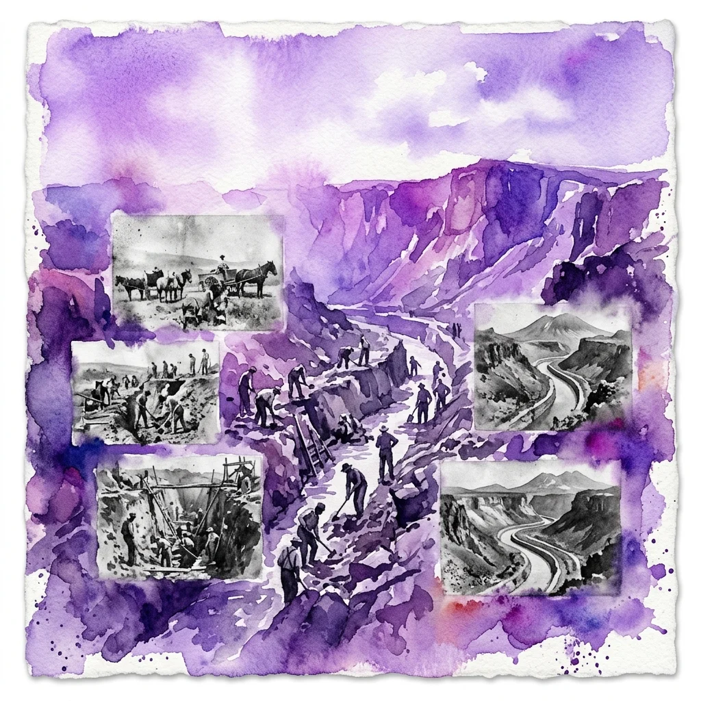 Akwarelowa kolaż historycznych czarno-białych fotografii przedstawiających budowę kanału w Caldera de Taburiente, część wystawy 'La Palma 1931'.