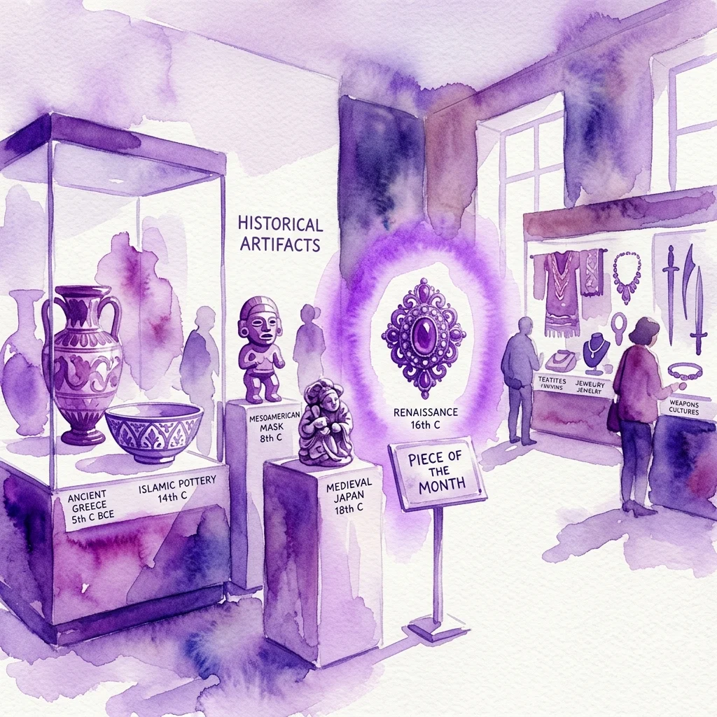 Watercolor illustration of a museum gallery featuring historical artifacts from various cultures and periods, including Ancient Greek, Islamic, Mesoamerican, and Medieval Japanese items, with a central focus on a Renaissance 16th-century piece labeled 'Piece of the Month'.