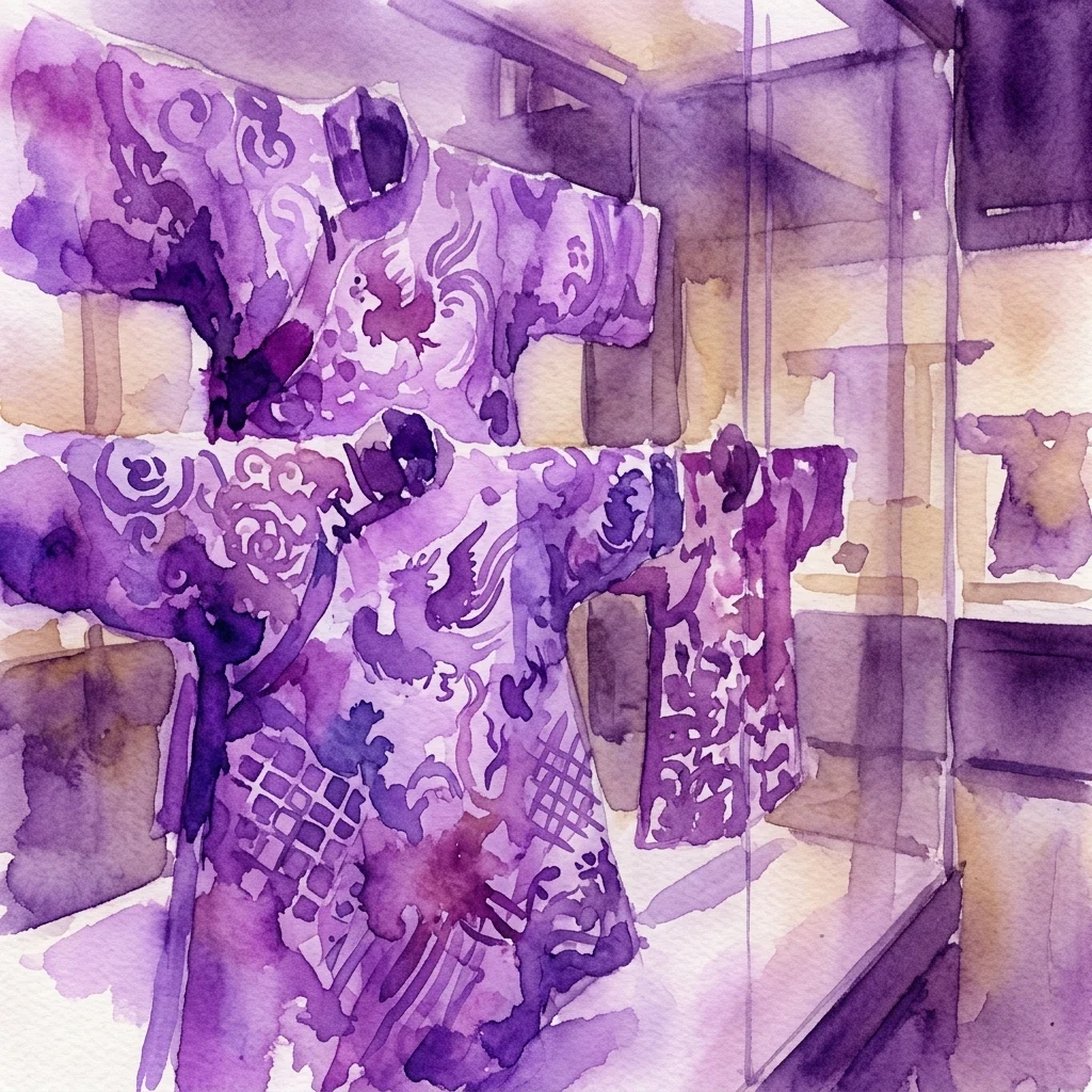 Ilustracja akwarelowa starożytnych chińskich tekstyliów jedwabnych ze skomplikowanymi wzorami kwiatowymi i zwierzęcymi, wystawiona w muzeowej gablocie.