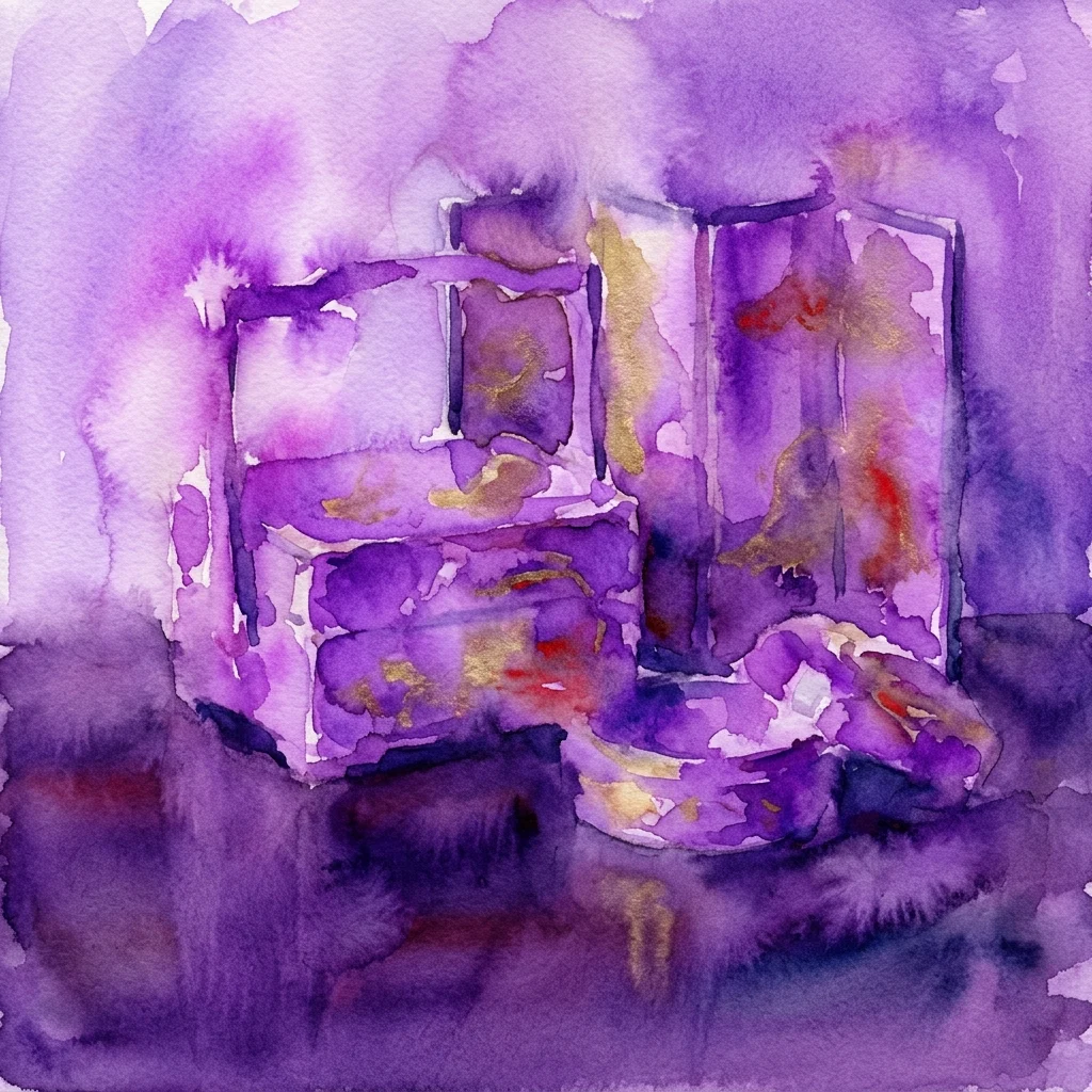 Een aquarel van Japanse Namban-lakwerk, met paarse en gouden tinten, die een culturele uitwisseling tussen Japan en Spanje tijdens het Keichō-ambassade-eeuwfeest afbeeldt.