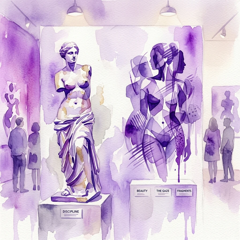 Una ilustración en acuarela de una exposición de arte que presenta esculturas clásicas y abstractas, con etiquetas que dicen 'DISCIPLINE', 'BEAUTY', 'THE GAZE' y 'FRAGMENTS', ambientada en una galería con visitantes observando las obras.