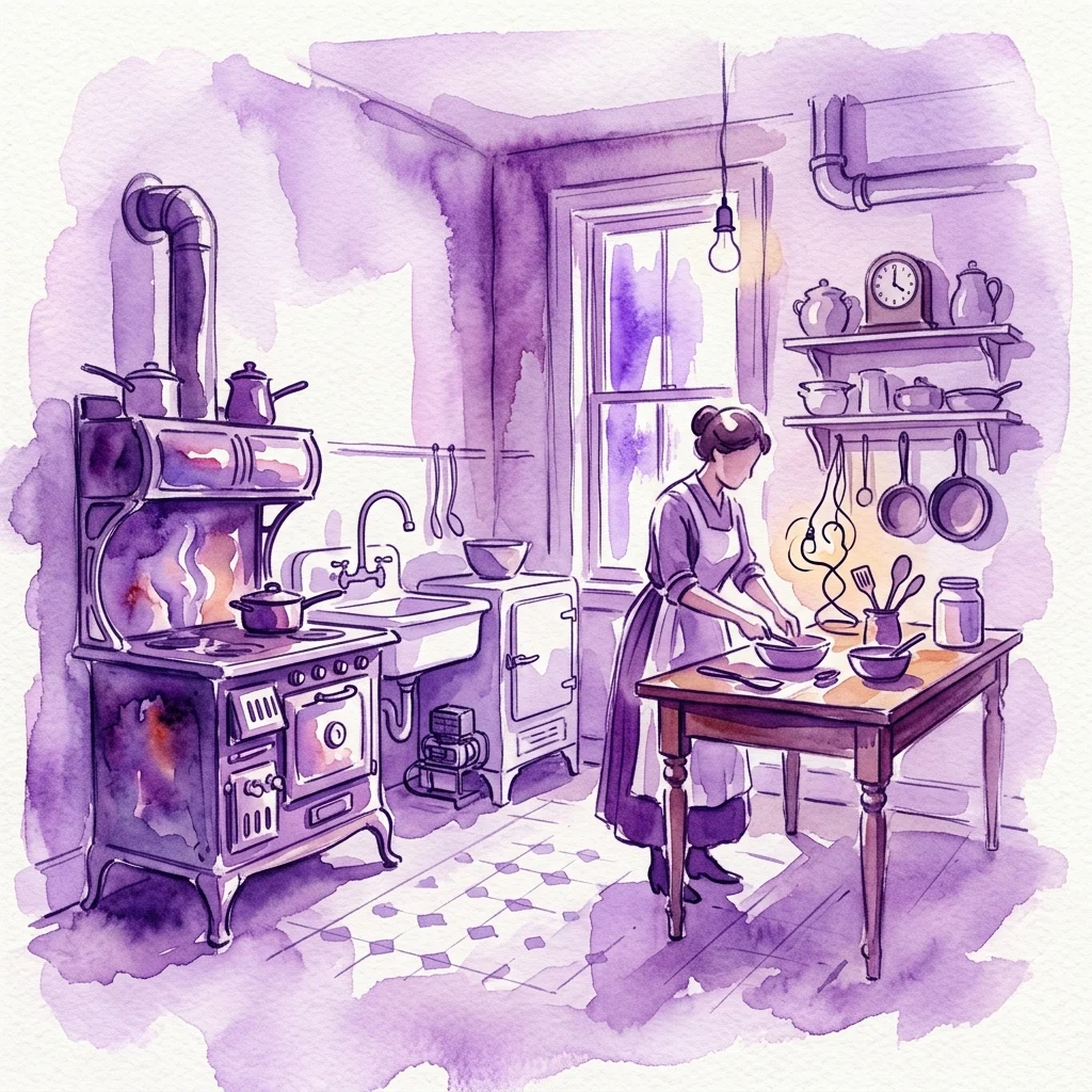 Waterverfillustratie van een vintage keuken met een vrouw die eten bereidt, met een ouderwetse kookplaat, hangende potten en een geruite vloer, die de huishoudelijke technologie en het ontwerp van het begin van de 20e eeuw weerspiegelt.