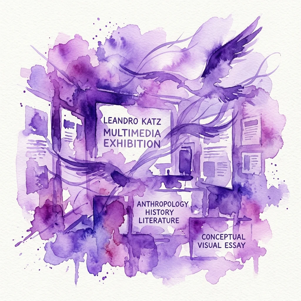 Purple watercolor artwork featuring a seagull, with text elements for Leandro Katz Multimedia Exhibition, anthropology, history, literature, and conceptual visual essay.
