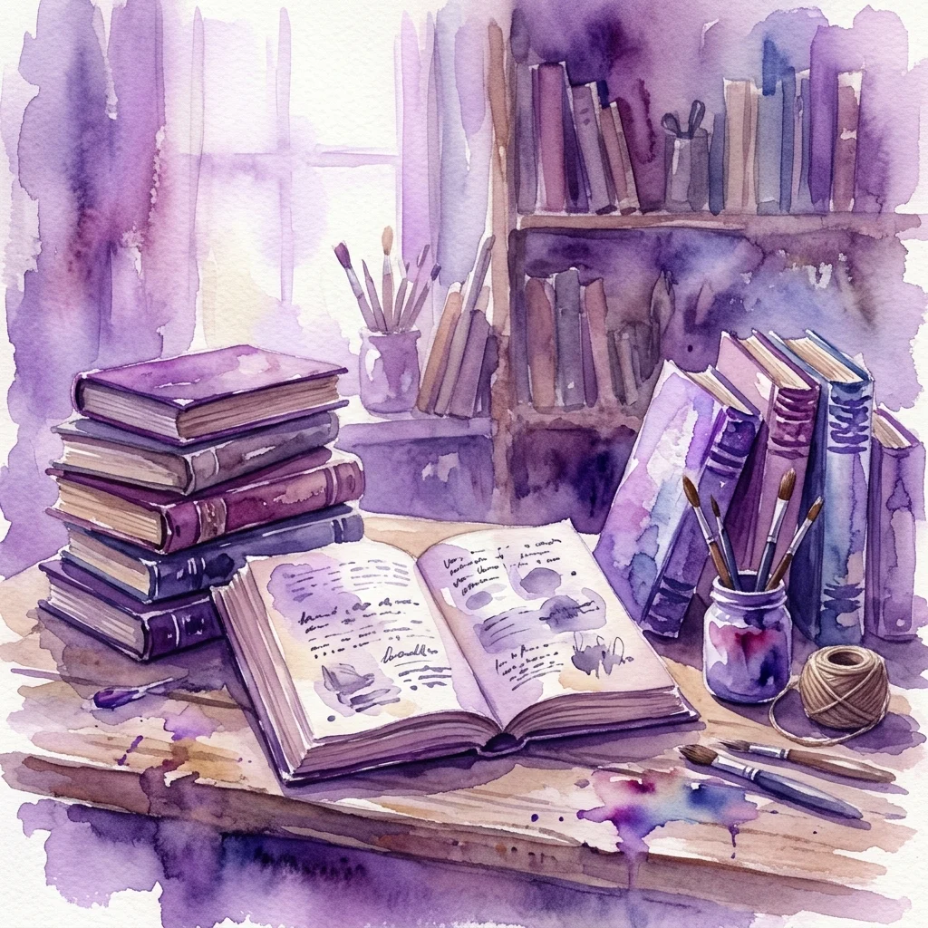 Una ilustración en acuarela de un acogedor taller con libros apilados, un libro abierto con notas manuscritas, pinceles y un tarro de materiales de arte, que evoca un espacio creativo para la reutilización de libros.