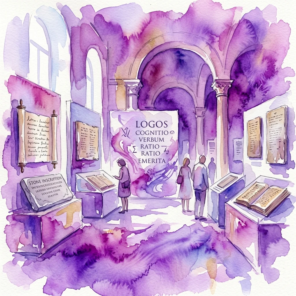 Ilustracja akwarelowa wystawy 'Logos: Cognitio, Verbum, Ratio' w Augustâ Emerita, przedstawiająca starożytne teksty, kamienne inskrypcje i zwiedzających w galerii z fioletowymi łukami.