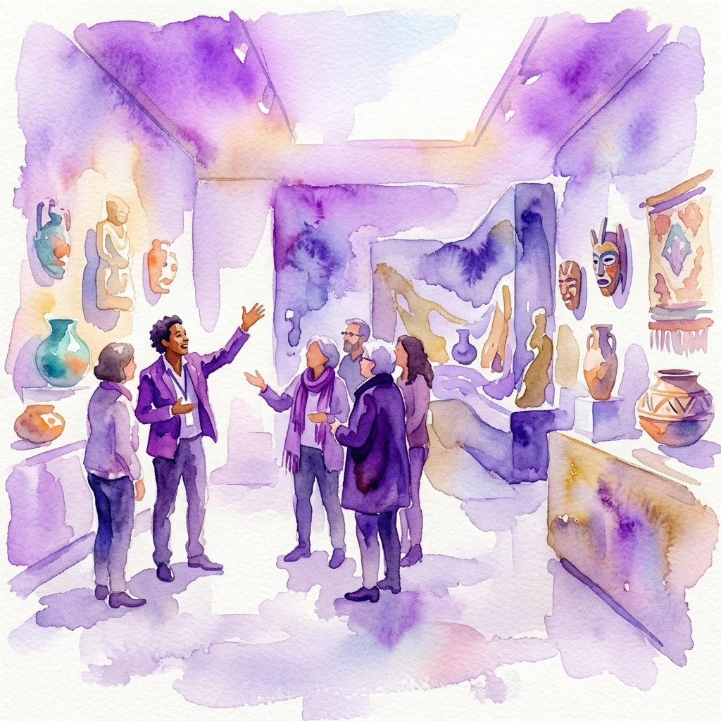 Una ilustración en acuarela de una visita guiada en el Museo de América, con un guía liderando a un grupo de visitantes a través de una exposición de artefactos de las Américas, que incluyen cerámica, máscaras y esculturas.