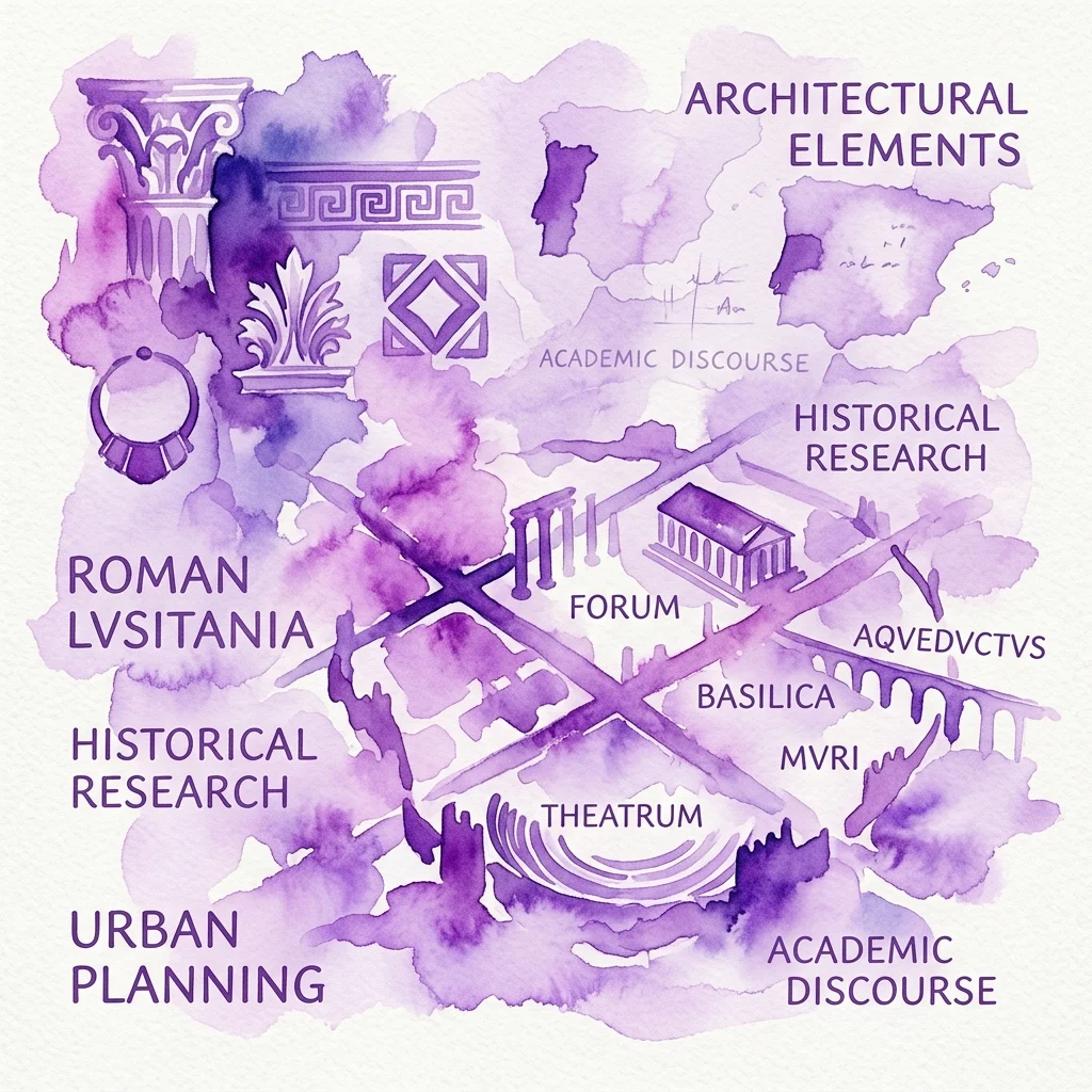 Fioletowa ilustracja akwarelowa przedstawiająca rzymskie planowanie urbanistyczne w Lusitanii, z elementami architektonicznymi, takimi jak forum, bazylika i teatr, oraz etykietami tekstowymi do badań historycznych i dyskursu akademickiego.