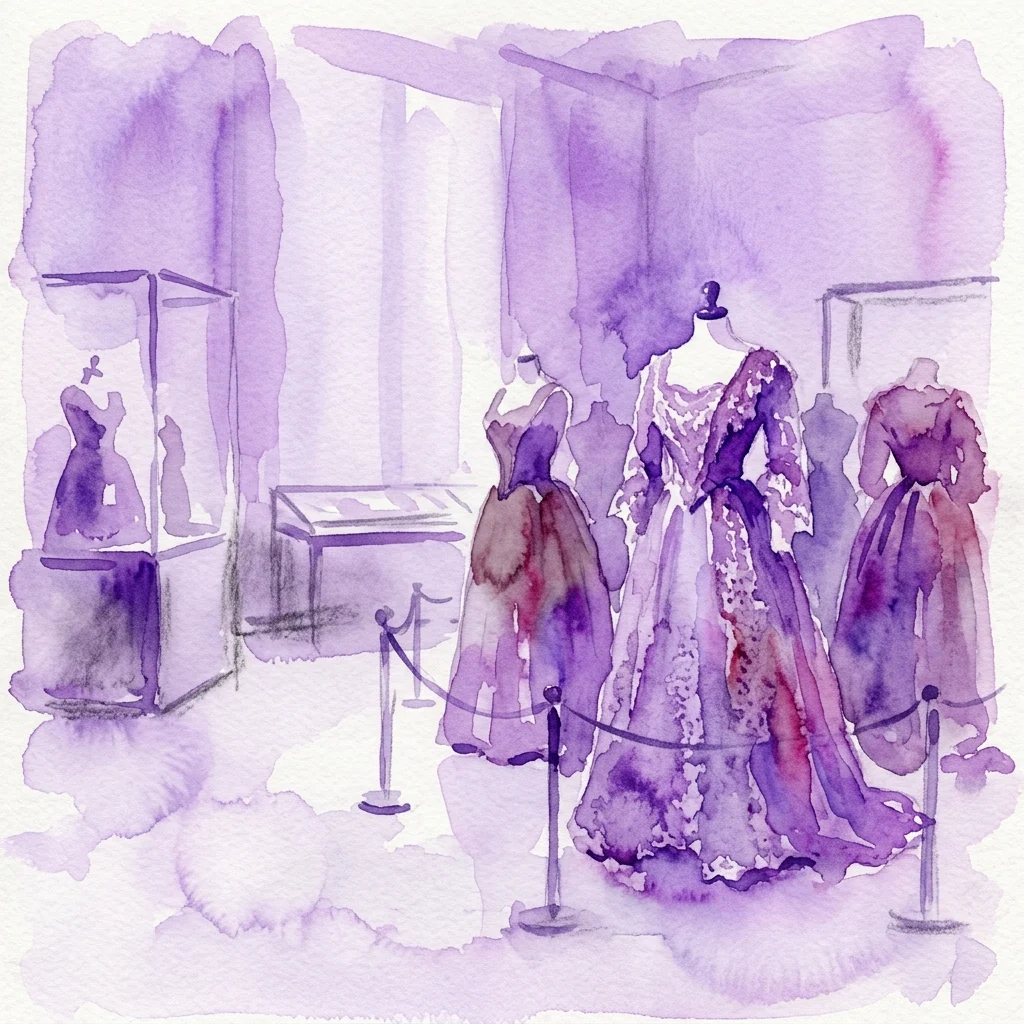 Watercolor illustration of a museum exhibition featuring Belle Époque-era dresses on mannequins, with intricate textiles, lace, and purple hues, displayed behind ropes in a gallery setting.
