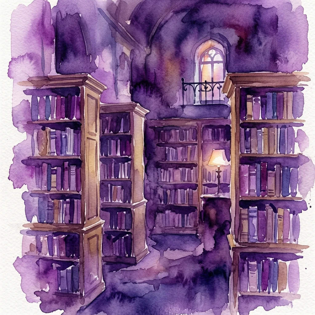Ilustracja akwarelowa słabo oświetlonej zabytkowej biblioteki z drewnianymi regałami wypełnionymi książkami, lampą i łukowym oknem, przywołująca dziedzictwo kulturowe i odkrycia literackie.