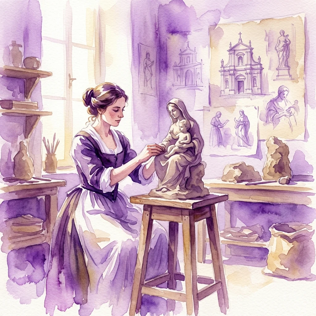 Ilustracja akwarelowa przedstawiająca Luisę Roldán, hiszpańską rzeźbiarkę epoki baroku, pracującą w swojej pracowni nad glinianą rzeźbą Matki Boskiej z Dzieciątkiem, z architektonicznymi szkicami w tle.