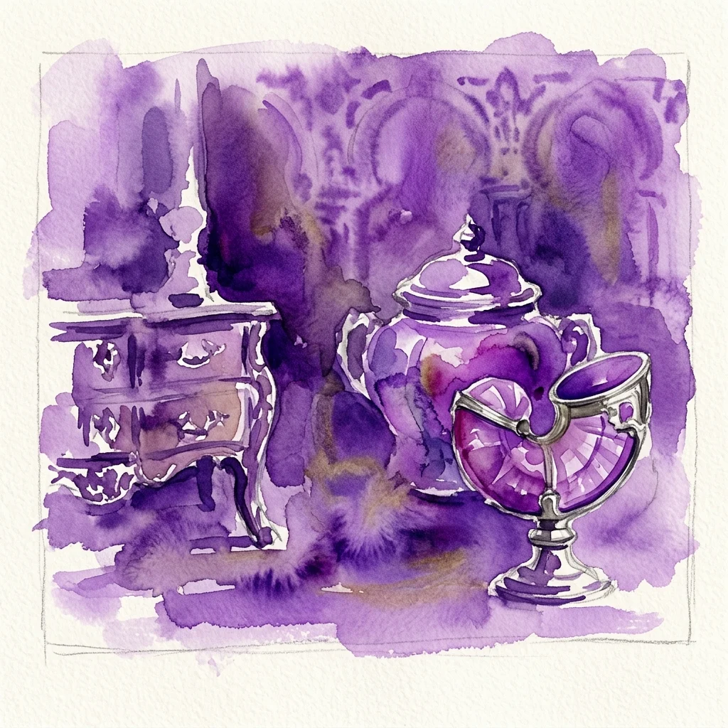 Ilustracja akwarelowa ozdobnych niemieckich przedmiotów dekoracyjnych, w tym srebrnego czajniczka i muszlowego pucharu, na tle fioletowego hiszpańskiego wnętrza, odzwierciedlająca wymianę dóbr luksusowych między Niemcami a Hiszpanią w XVI wieku.