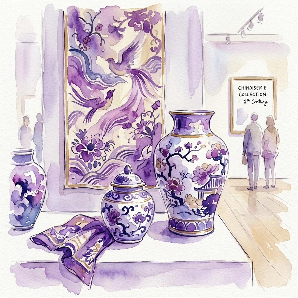 Watercolor illustration of a museum gallery display featuring porcelain vases, a silk textile, and a chinoiserie tapestry from the 18th century, with visitors observing the exhibit.