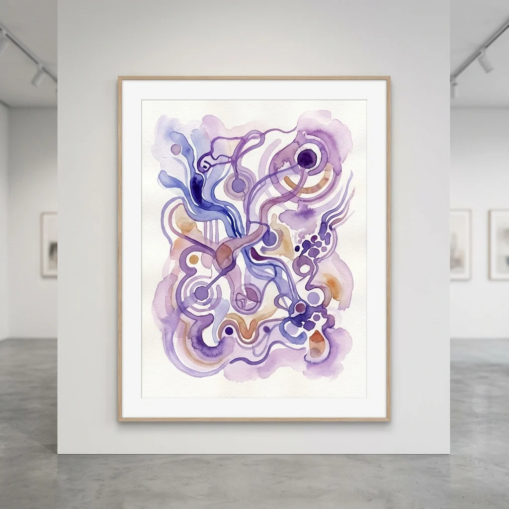 Abstract aquarelkunstwerk in een lichte houten lijst, met wervelende paarse, blauwe en bruine vormen, tentoongesteld aan een witte galerie muur.