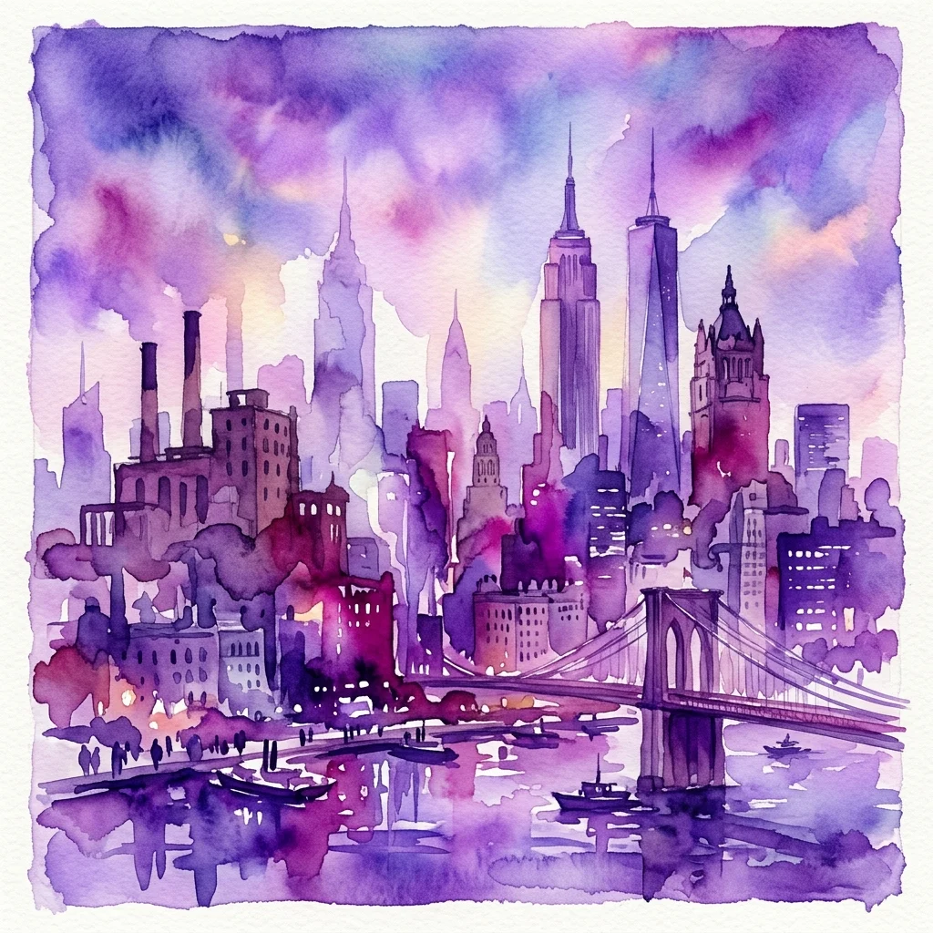 Akwarela przedstawiająca panoramę Nowego Jorku w odcieniach fioletu i różu, z ikonicznymi budynkami, takimi jak Empire State Building i Most Brookliński, odbijającymi się w wodzie poniżej.