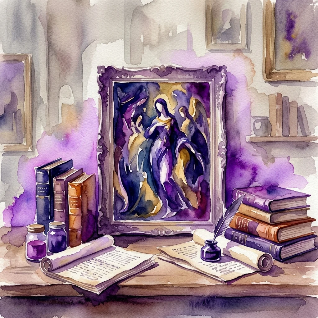 Een aquarel stillevenschilderij dat een maniëristisch schilderij in een sierlijk frame afbeeldt, omringd door oude boeken, perkamentrollen en inktpotten op een houten tafel, wat een artistieke studeerkamer uit de 16e eeuw oproept.