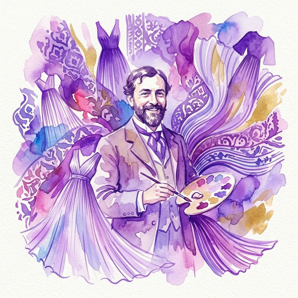 Een aquarelillustratie van Mariano Fortuny met een palet, omringd door zijn iconische geplooide textiel en modeontwerpen in levendige paarse en gouden tinten.