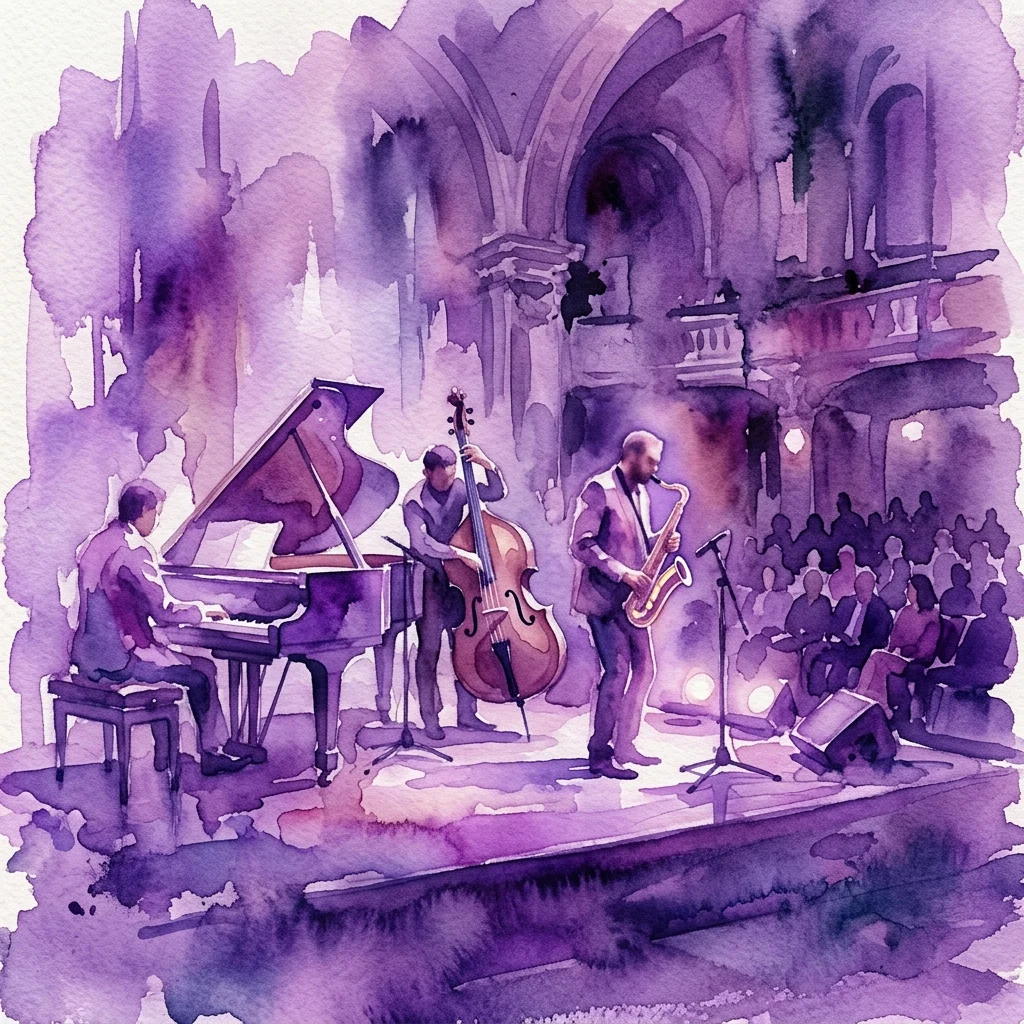 Ilustracja akwarelowa Mariola Membrives Trio wykonującego jazz w audytorium muzealnym, z pianistą, kontrabasistą i saksofonistą na scenie oraz publicznością w tle.