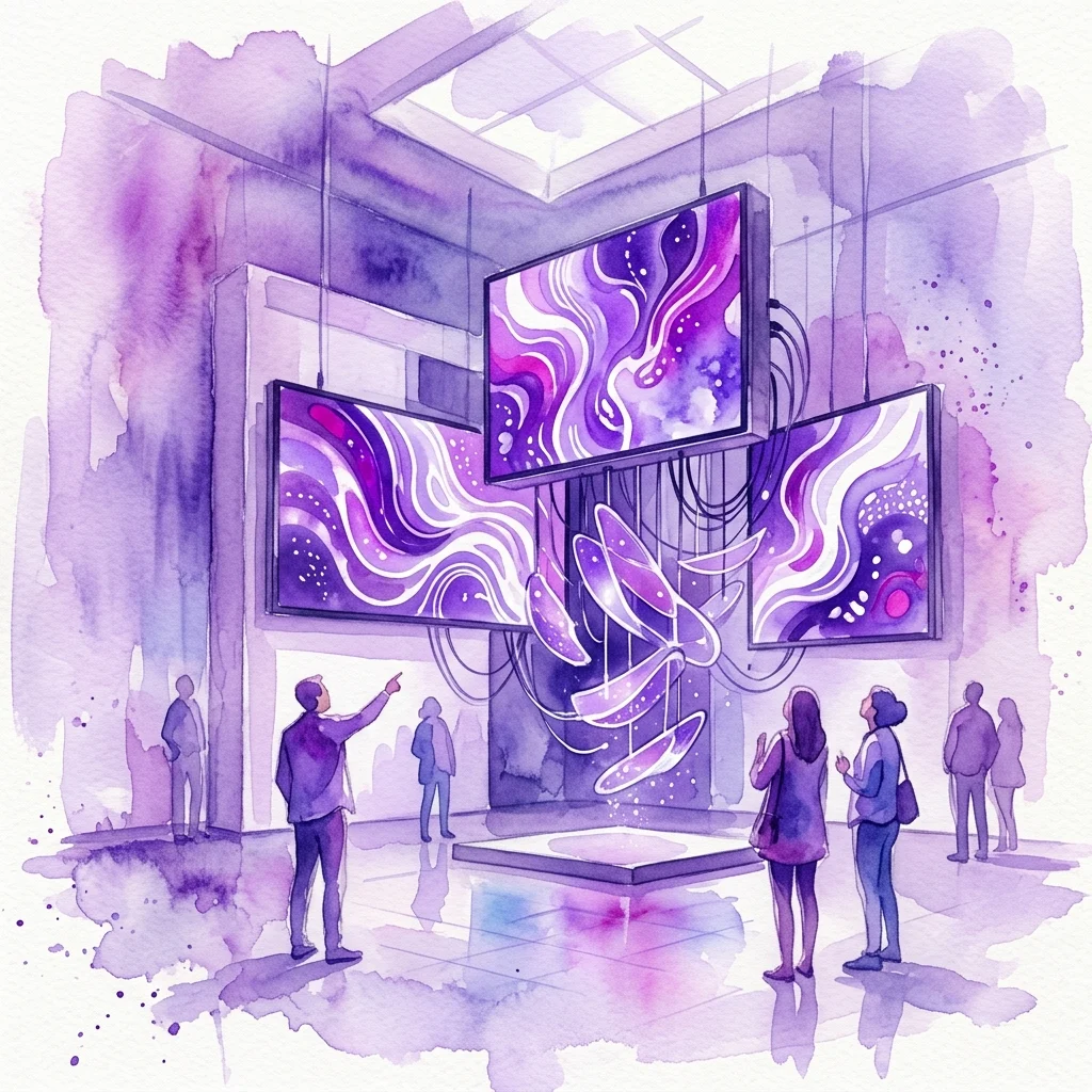 Ilustracja akwarelowa galerii muzealnej przedstawiająca instalację sztuki generatywnej Marisy González, z trzema cyfrowymi ekranami wyświetlającymi ewoluujące fioletowo-białe wzory abstrakcyjne, oglądana przez zwiedzających.