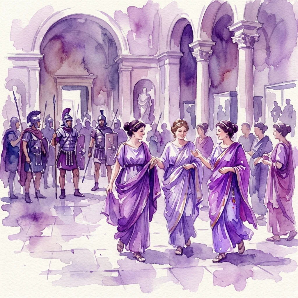 Mujeres romanas con togas púrpuras y atuendos tradicionales caminando en un salón de museo, con soldados romanos y gladiadores al fondo, representando una recreación histórica del festival de la Matronalia.