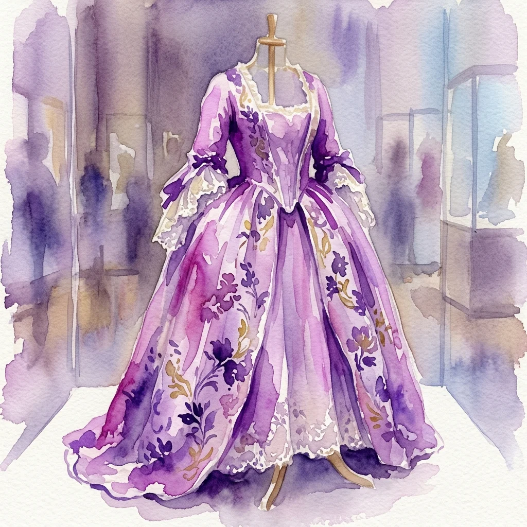 Ilustracja akwarelowa purpurowej jedwabnej 'media bata' (pół-szaty) z XVIII wieku ze wzorami kwiatowymi i koronkowym obszyciem, prezentowana na manekinie w muzealnej scenerii.