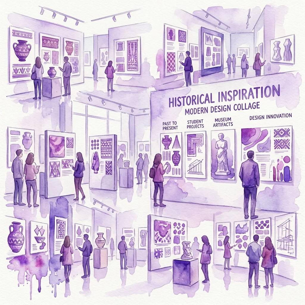Ilustracja wystawy zatytułowanej 'Historyczna Inspiracja: Nowoczesny Kolaż Projektowy' prezentującej projekty studenckie inspirowane artefaktami muzealnymi, z odwiedzającymi oglądającymi eksponaty w galerii.