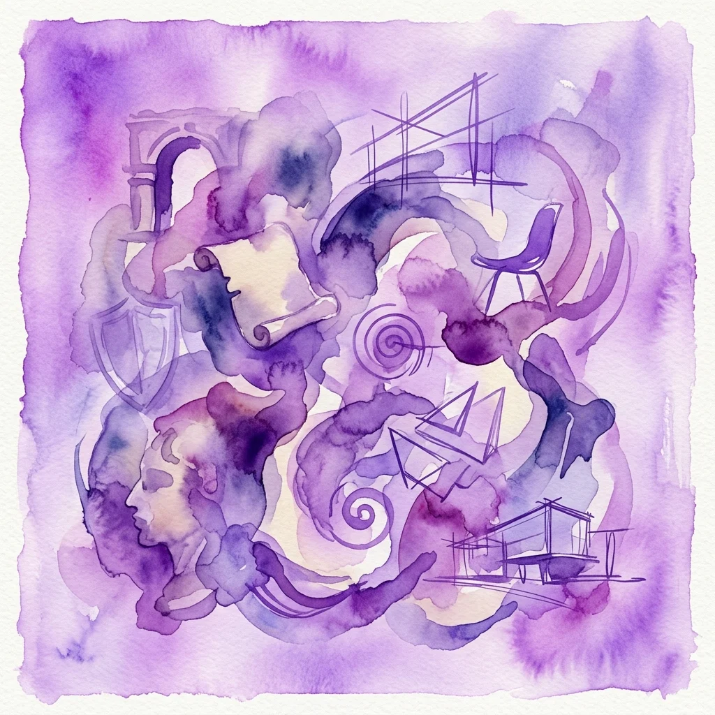 Obra de arte abstracta en acuarela en tonos púrpuras que presenta bocetos entrelazados de artefactos históricos y elementos de diseño contemporáneo, evocando temas de memoria y sueños.