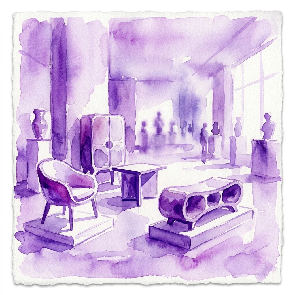 A watercolor illustration of a museum gallery featuring contemporary redesigned furniture pieces inspired by historical artifacts, showcasing a blend of modern design and historical reverence.